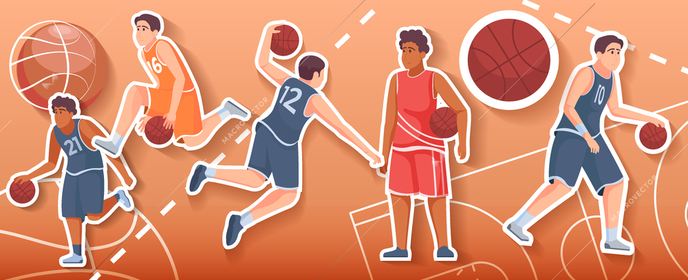 Collage in flat style with male basketball players and balls on color background vector illustration