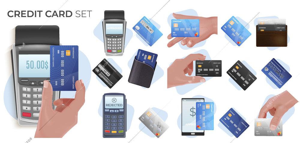 Realistic composition set with credit or debit cards and payment terminals isolated on white background vector illustration