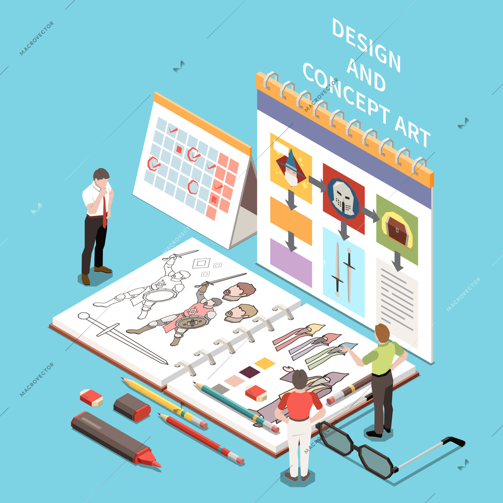 Game development isometric concept with design and concept art symbols vector illustration