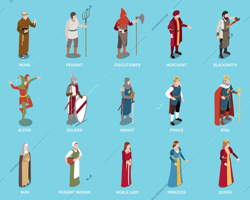 Medieval isometric icons set with monk and knight isometric isolated vector illustration