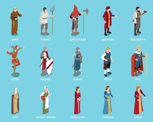 Medieval isometric icons set with monk and knight isometric isolated vector illustration