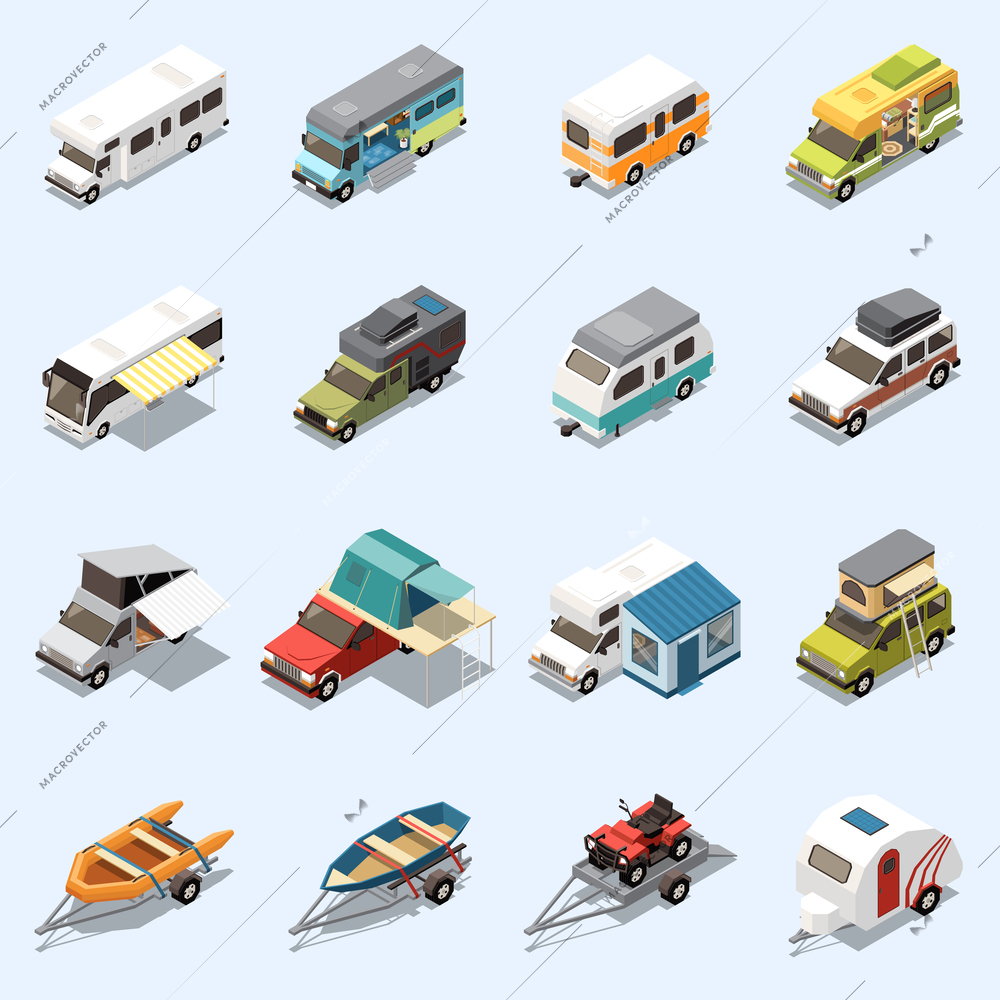 Camping van icons set with motor home symbols isometric isolated vector illustration