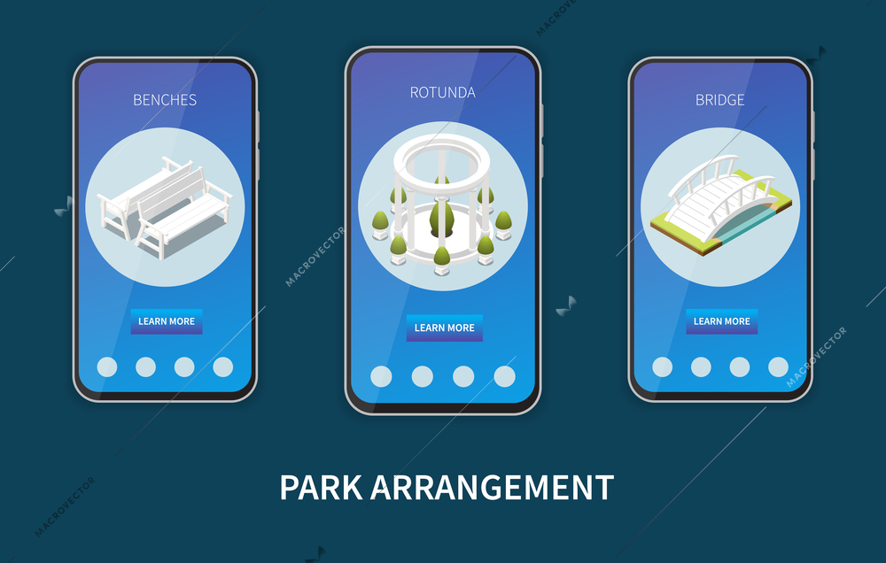 Park landscape design elements set with rotunda and bridge isometric isolated vector illustration