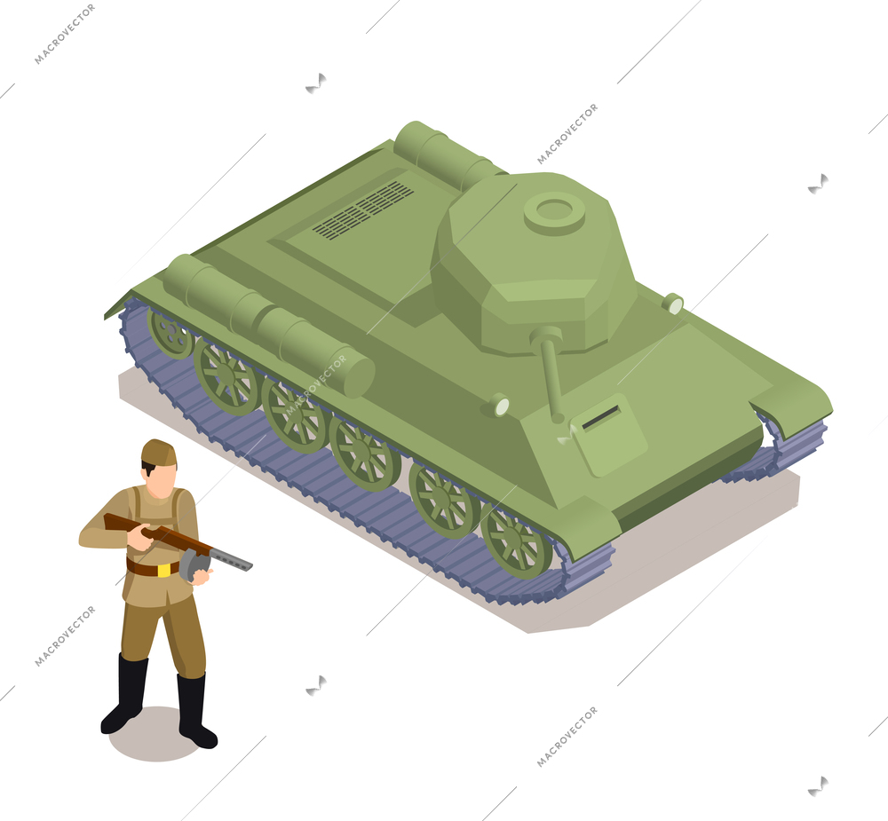 WWII military equipment set with armored tank and soldier isometric vector illustration