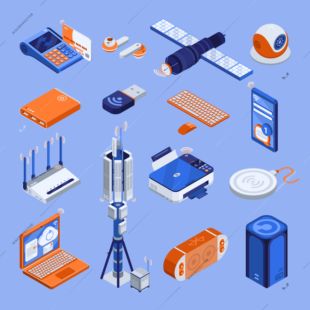 Wireless technology isometric icons set with connection symbols isolated vector illustration