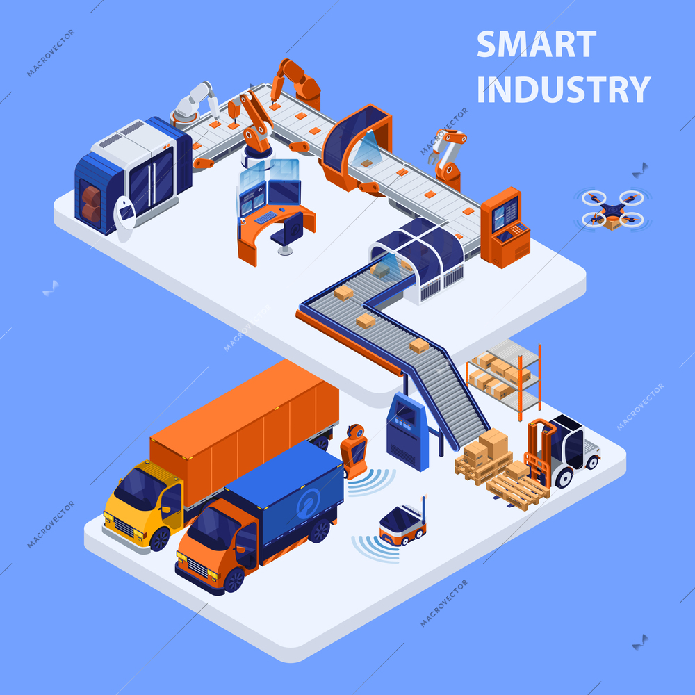 Smart industry isometric concept with technology and manufacture symbols vector illustration