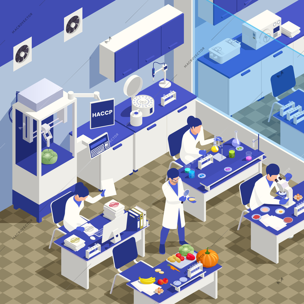 HACCP food safety concept with lab workers testing products isometric vector illustration