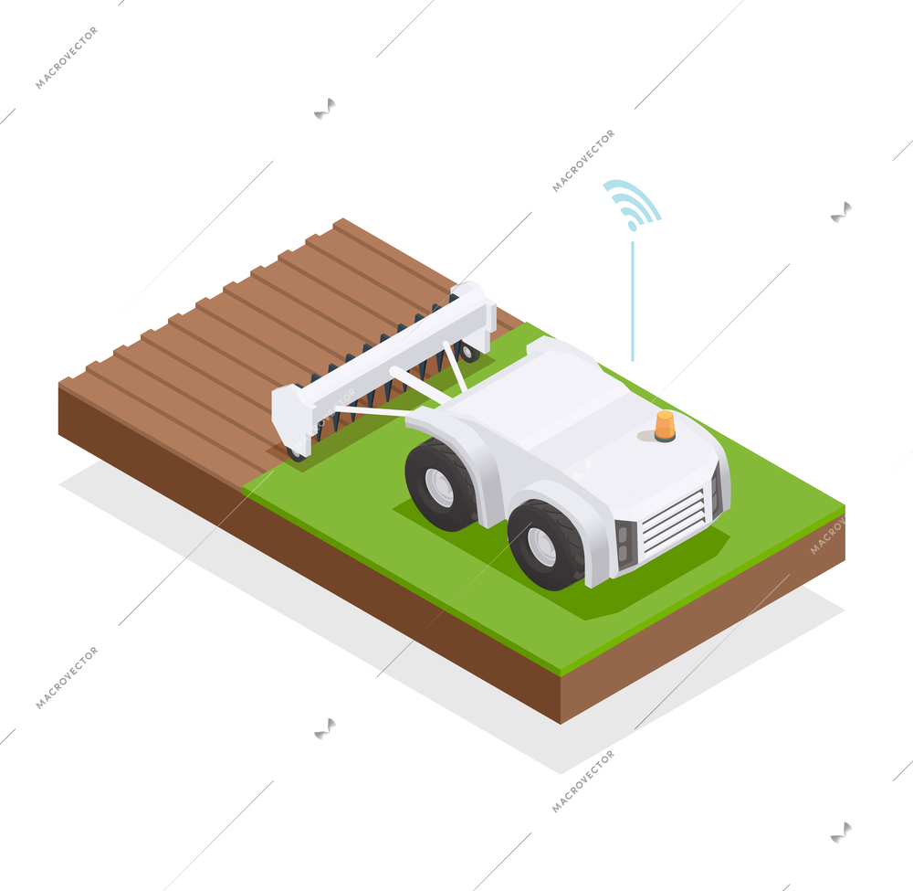 Agriculture automation and smart farming composition with auto plow isometric vector illustration