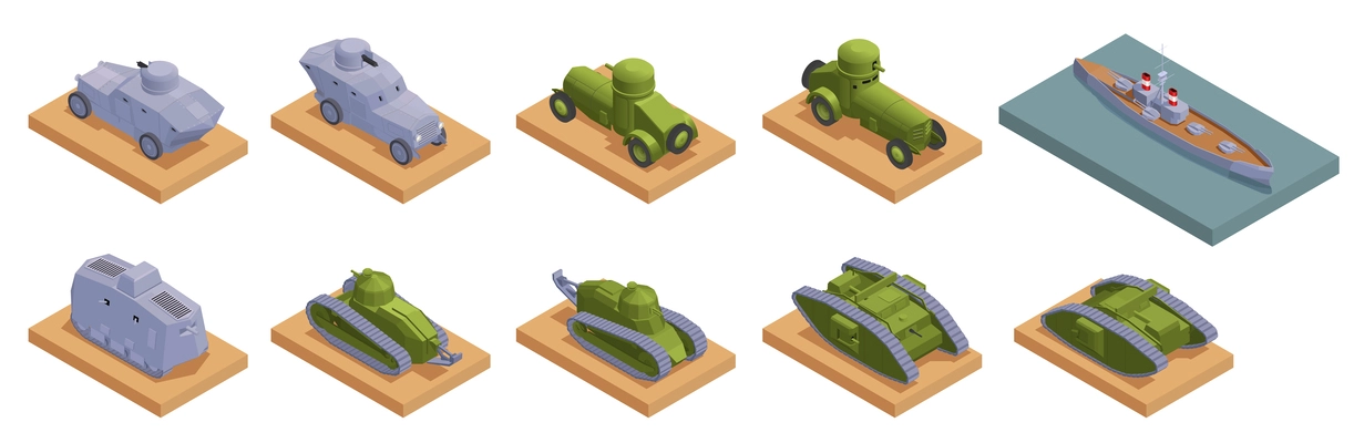First world war military vehicles ships and armored tanks isometric vector illustration