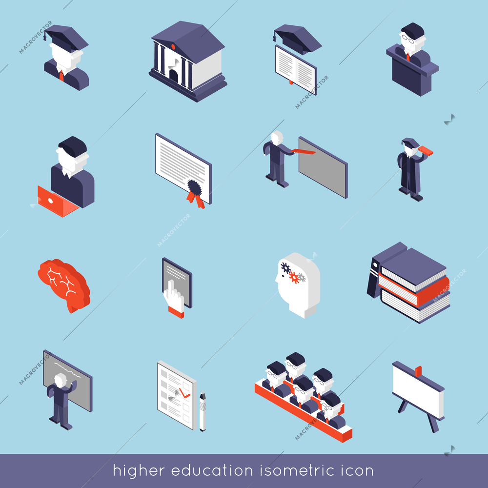 Higher education isometric icons set with book student teacher symbols isolated vector illustration