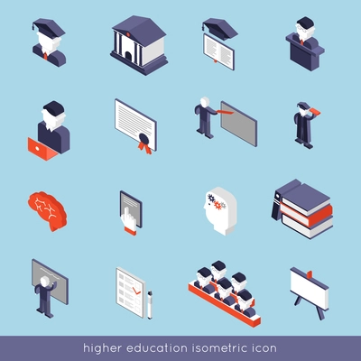 Higher education isometric icons set with book student teacher symbols isolated vector illustration