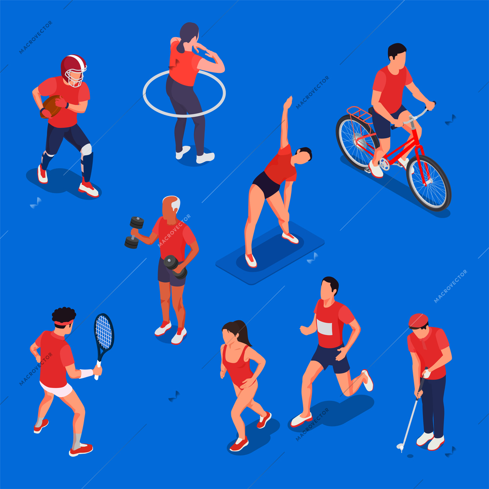 Physical activity isometric icons set with people doing different sports isolated vector illustration