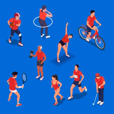 Physical activity isometric icons set with people doing different sports isolated vector illustration