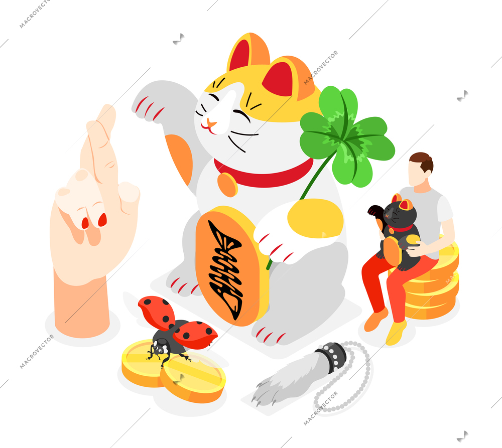 Lucky symbols isometric icons with japanese maneki cat rabbit foot crossed fingers isolated vector illustration