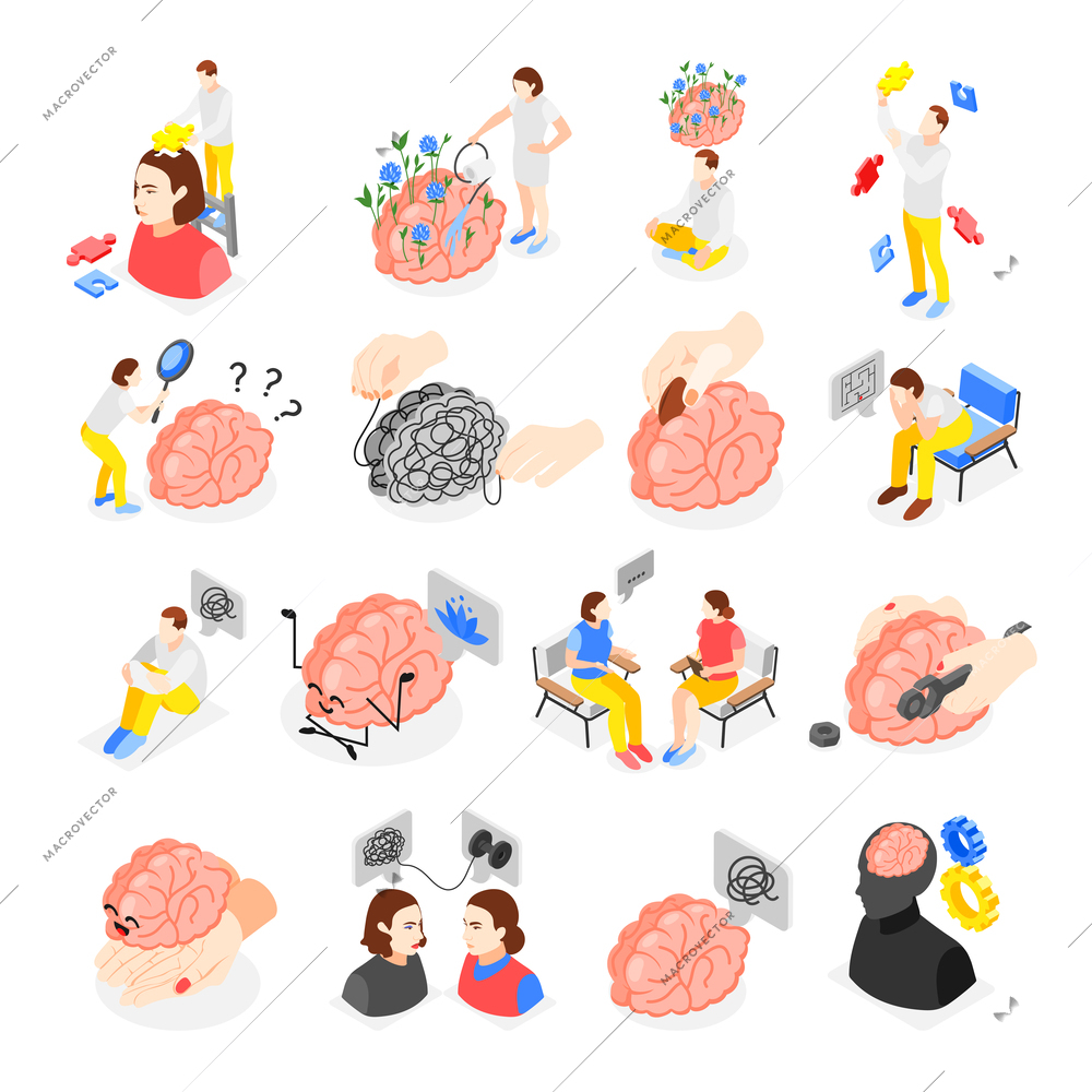 Mental health isometric icons set with mental problem symbols isolated vector illustration