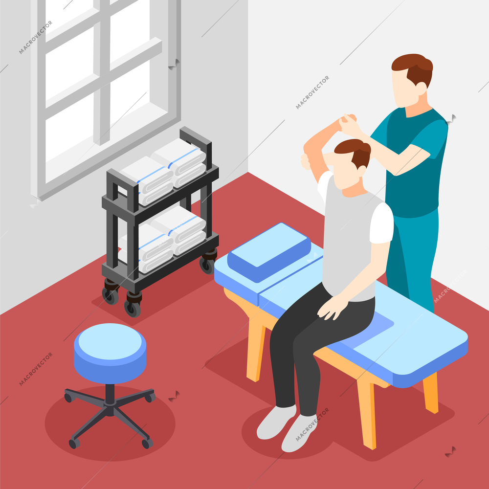 Physiotherapy and rehabilitation isometric background with convalescence and treatment symbols vector illustration