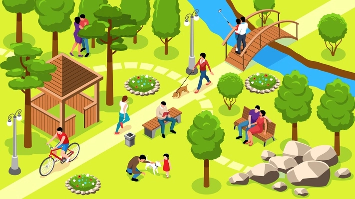 Isometric park people composition people relax play and ride bicycles in picturesque and beautifully manicured park vector illustration