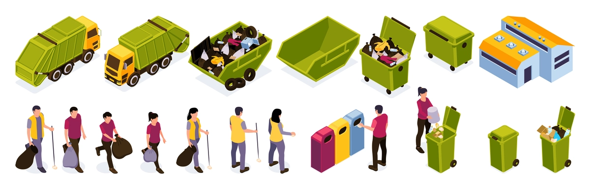 Isometric garbage recycling color icon set with yellow green tracks janitors garbage cans and bins vector illustration
