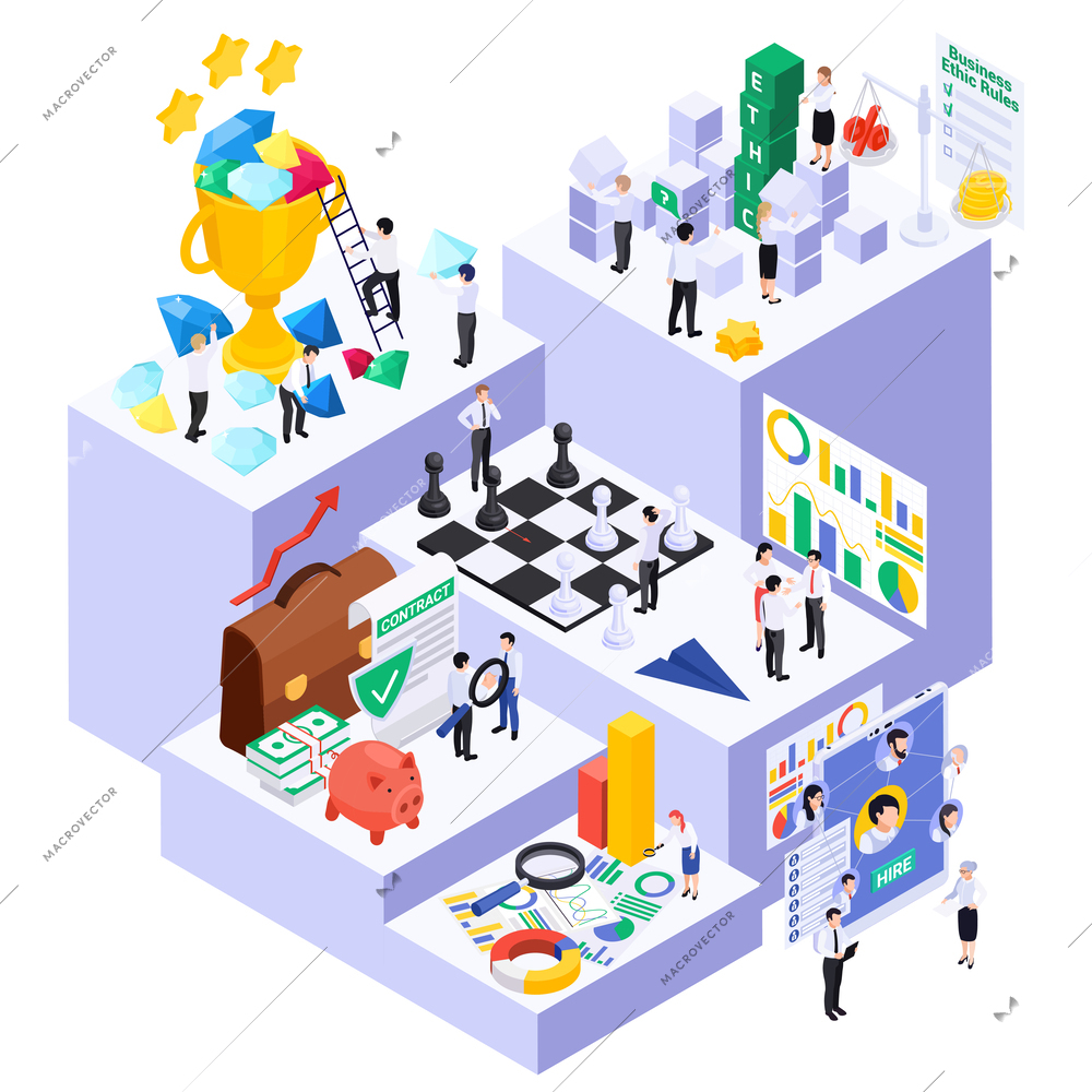 Business ethics isometric composition of businessmen characters and chess table trophy cups cash and infographic charts vector illustration