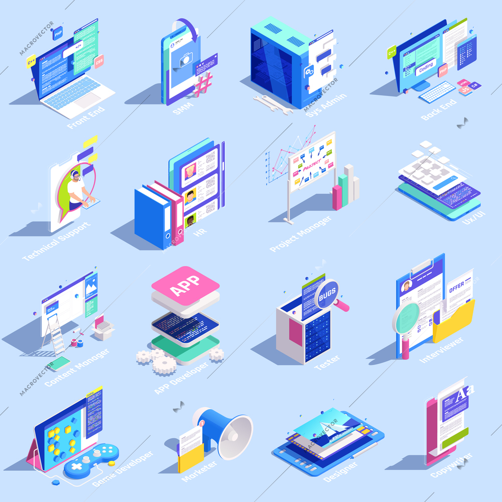 IT professions isometric icons set with support symbols isolated vector illustration