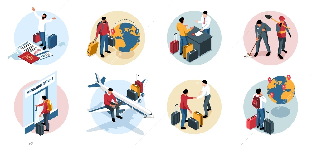 Migrant workers compositions set with migration service employees working abroad people with suitcases isolated 3d vector illustration