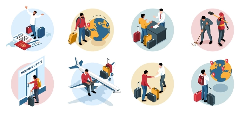 Migrant workers compositions set with migration service employees working abroad people with suitcases isolated 3d vector illustration