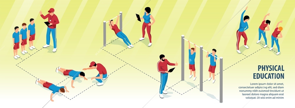 Physical education school lesson isometric infographics with male and female teachers students doing exercises push ups pull ups 3d vector illustration