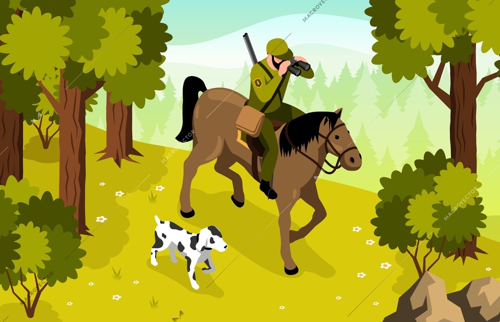 Isometric forester horizontal concept with horse ranger in the forest vector illustration