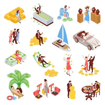 Rich people isometric icons set with wealthy lifestyle symbols isolated vector illustration