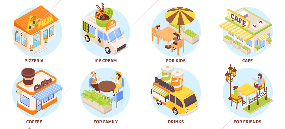 Street food and coffee kiosk isometric icons set isolated vector illustration