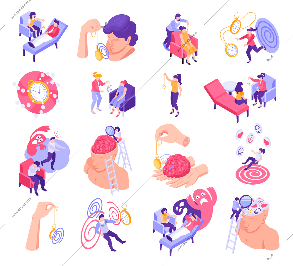 Isometric hypnosis therapy icons set with phychoanalyst patients on couch isolated vector illustration