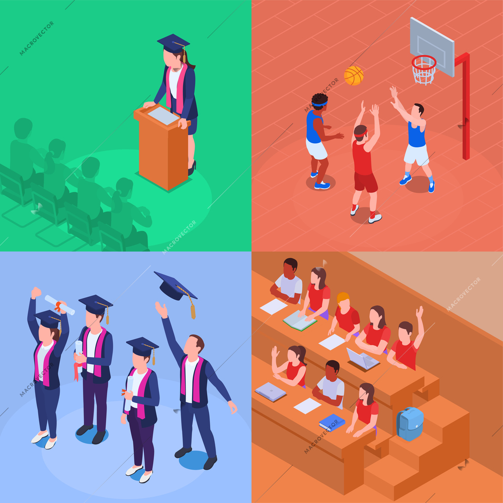 College isometric 2x2 set with university students styding and doing sports vector illustration