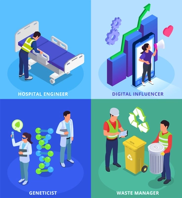 Isometric 2x2 set with modern professions of geneticist waste manager and hospital engineer isolated vector illustration