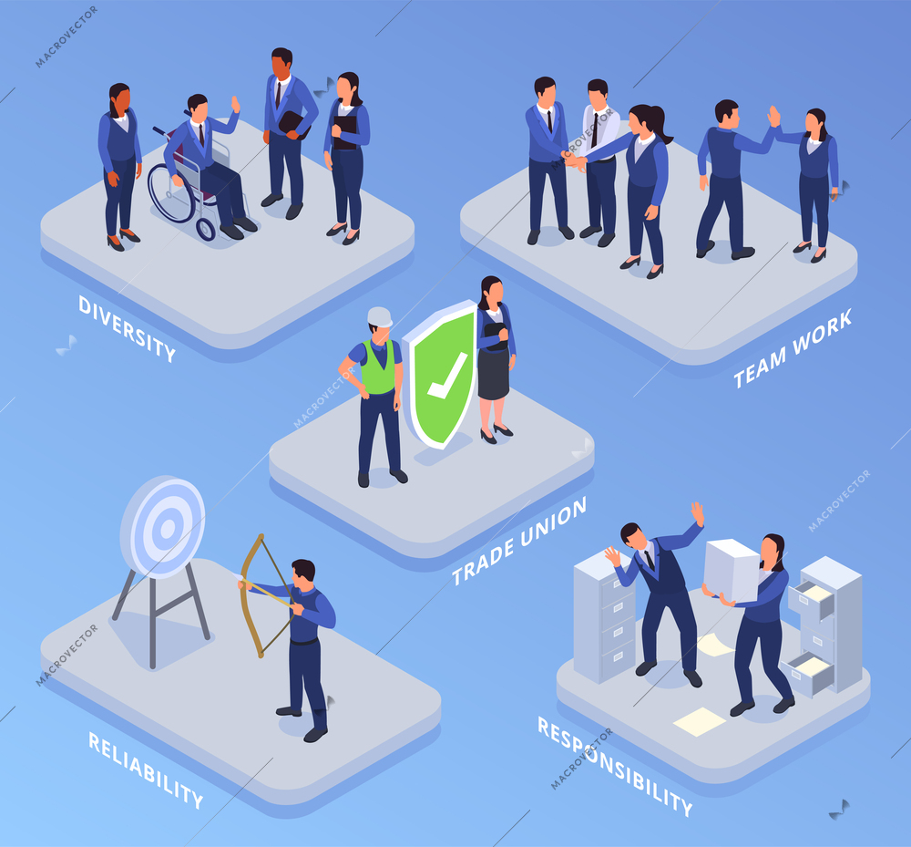 Corporate culture isometric concept set with team work and diversity symbols isolated vector illustration