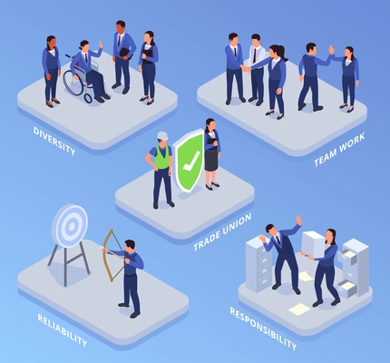 Corporate culture isometric concept set with team work and diversity symbols isolated vector illustration