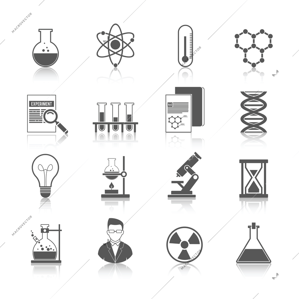 Chemistry icons black set with molecule structure microscope radiation warning sign isolated vector illustration