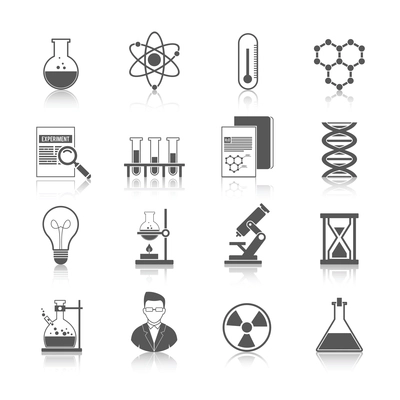 Chemistry icons black set with molecule structure microscope radiation warning sign isolated vector illustration