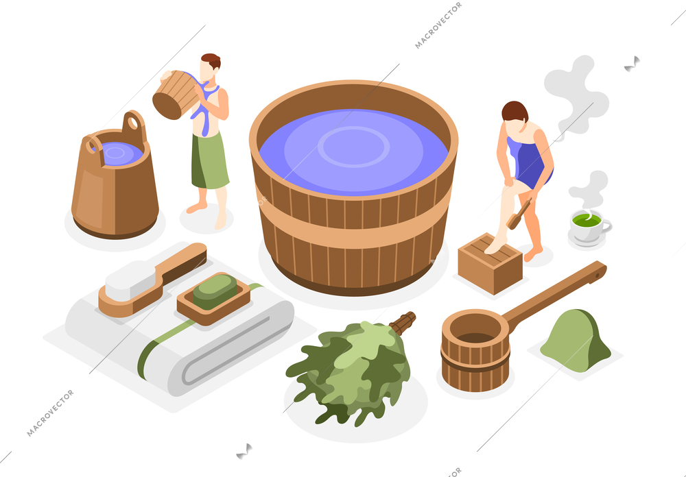 Bathhouse and spa relaxing isometric composition with bath tools and accessories isolated vector illustration