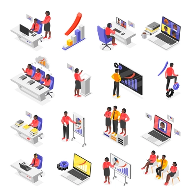 Business training isometric icons set with people taking online and offline courses isolated vector illustration