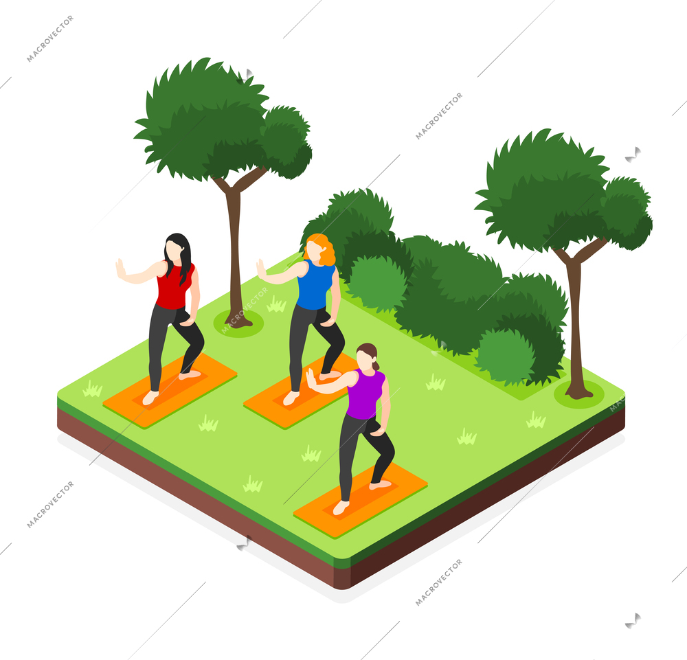 World tai chi and qigong isometric composition with women practicing outdoor vector illustration