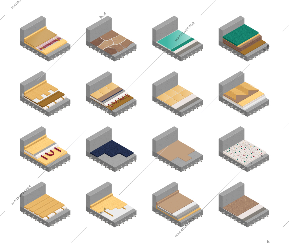 Floor layers set with underfloor heating and insulation systems isolated vector illustration