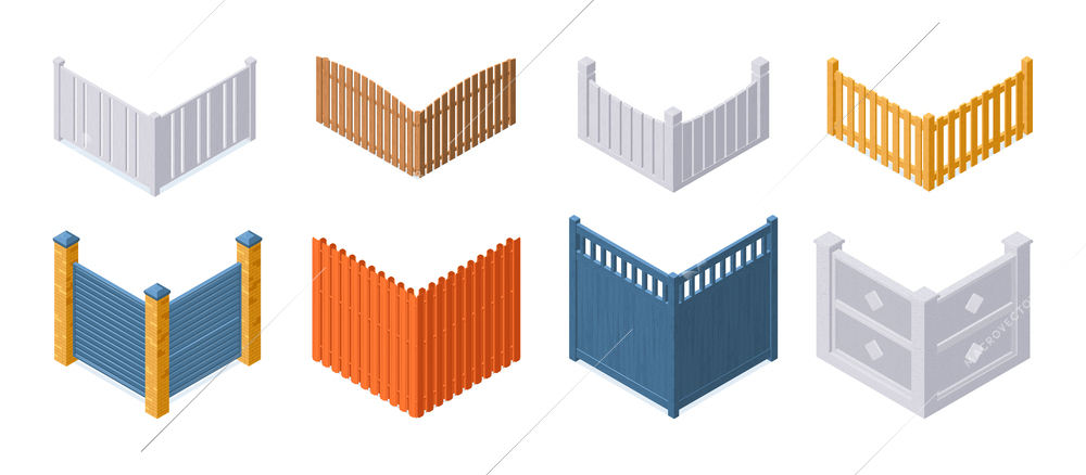 Isometric modern and traditional fence corners icons set isolated vector illustration