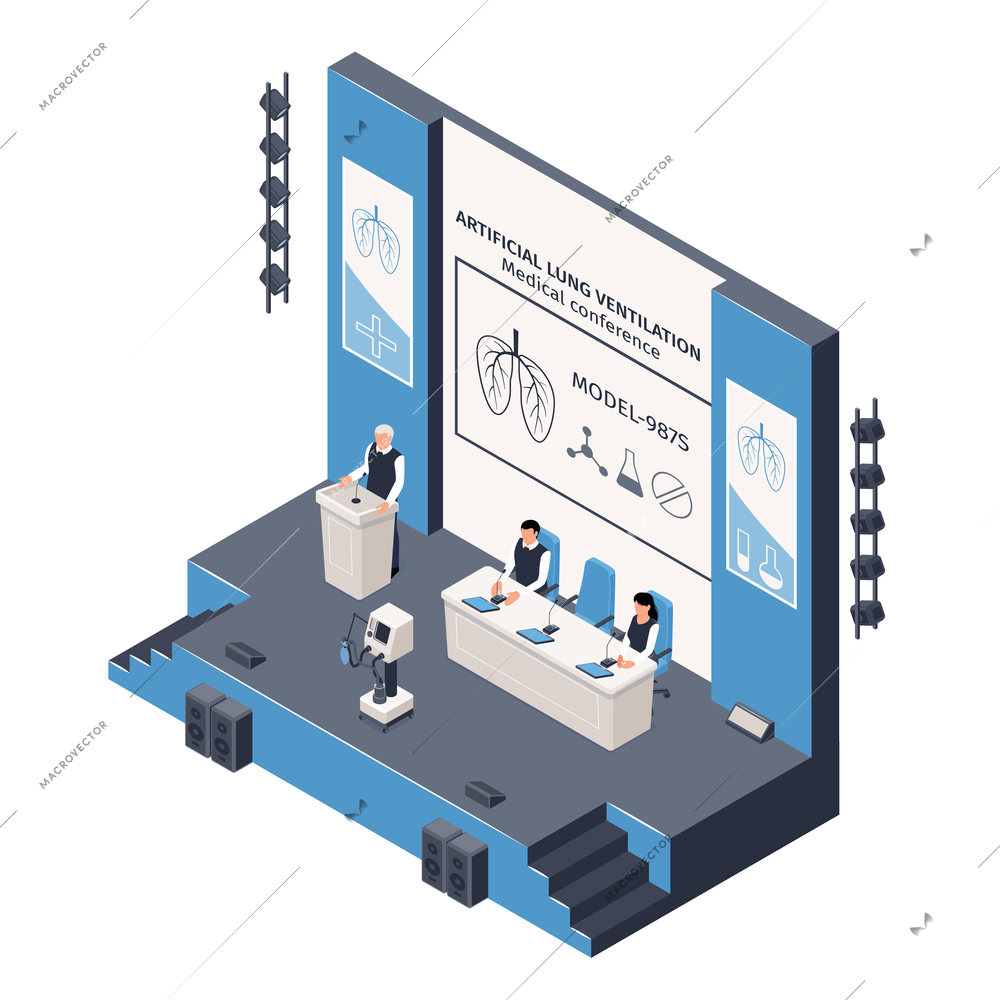 Isometric press conference scene with speakers answering journalist questions vector illustration