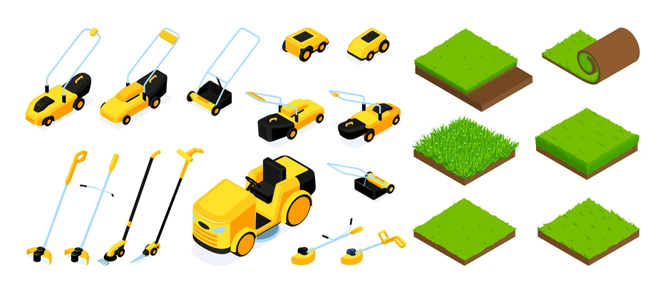 Isometric icons set of grass samples and lawn movers and electric trimmers isolated vector illustration