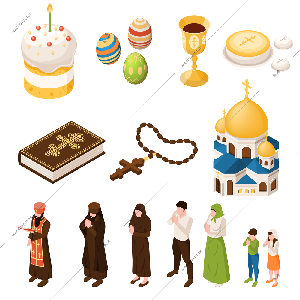 Orthodox christian isometric set with religion and church symbols isolated vector illustration