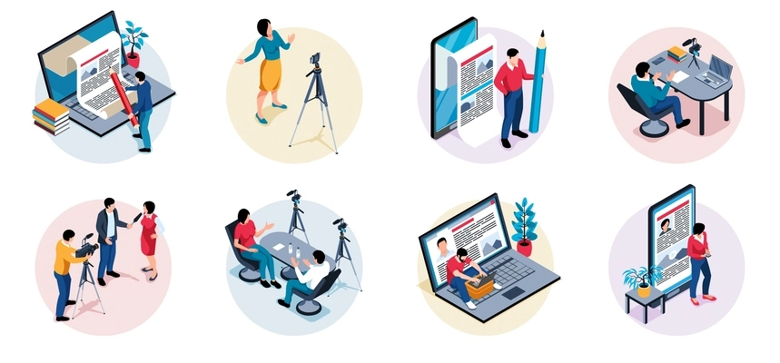 Isometric journalist work composition set with copywriter and blogger life scenes isolated vector illustration