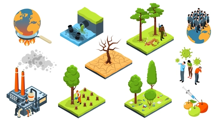 Isometric global environment problem icons set with deforestation and ocean pollution isolated vector illustration