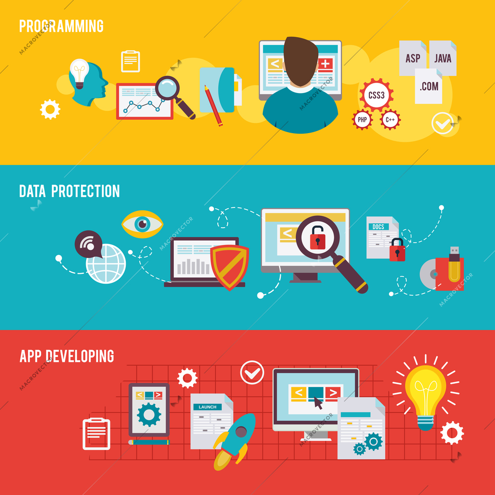 Programmer icon flat set isolated with data protection app developing isolated vector illustration