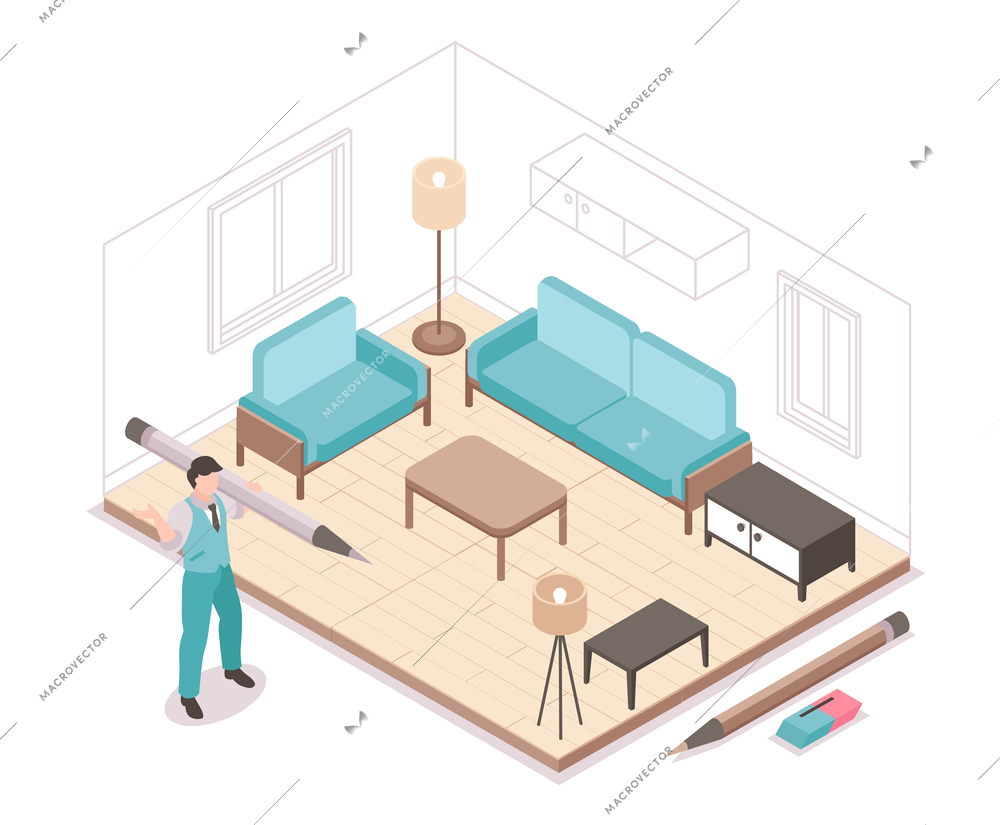 Isometric interior design project with furniture plan vector illustration