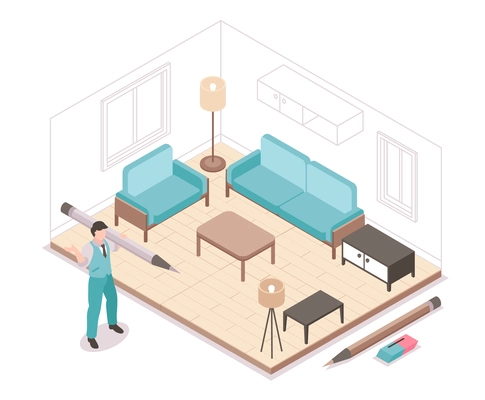 Isometric interior design project with furniture plan vector illustration